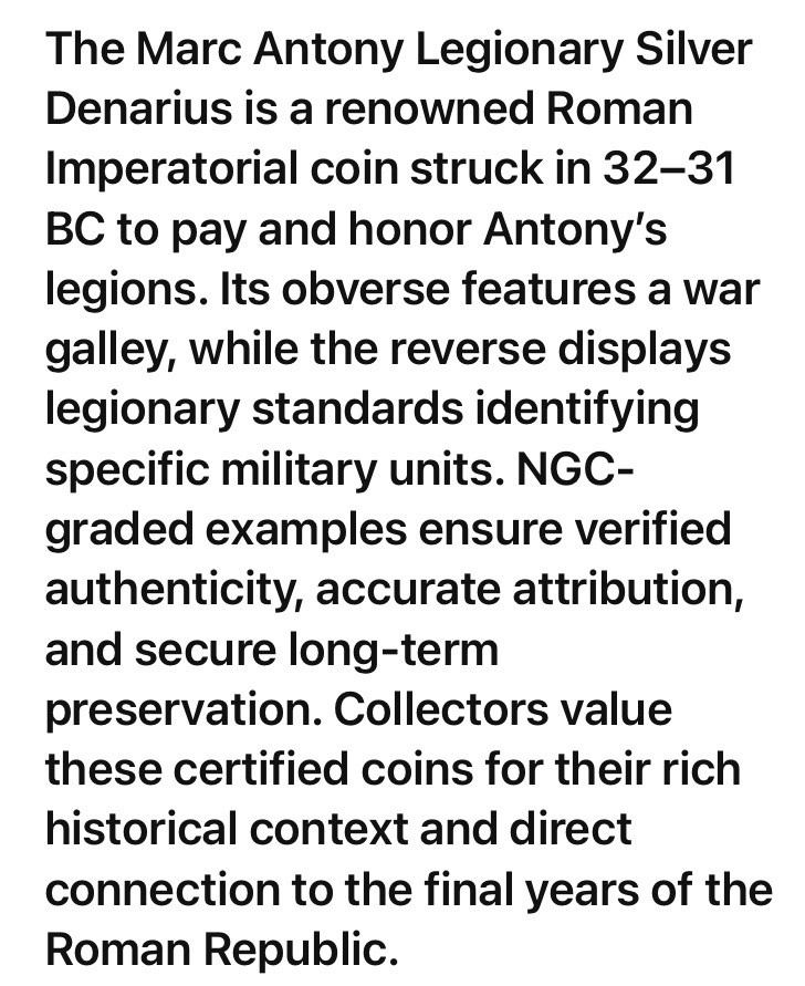 Marc Antony Silver Denarius 30BC Roman Imperatorial NGC Graded Legionary Genuine