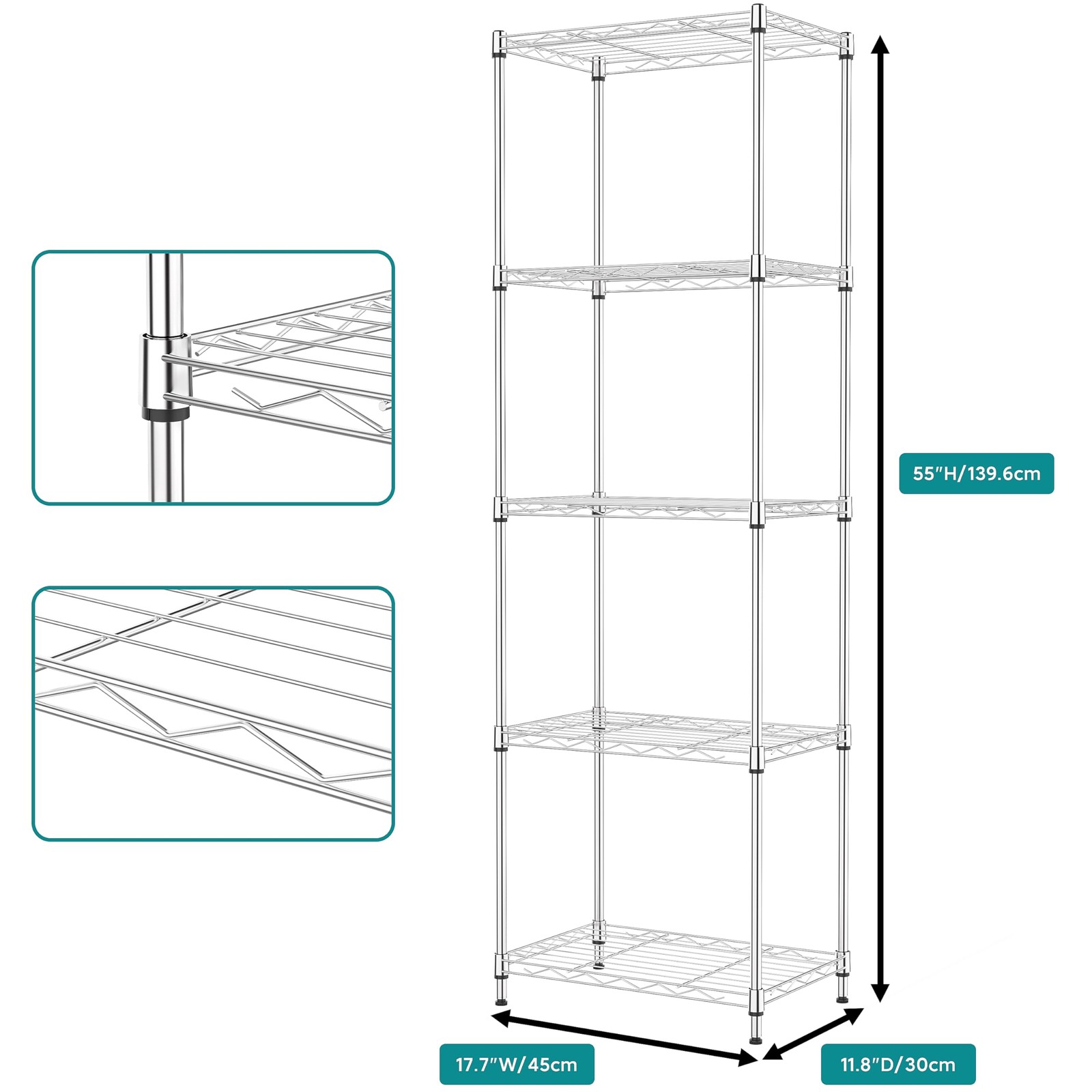 5 Tier Metal Storage Shelves Adjustable Chrome Wire shelves Industrial Shelves