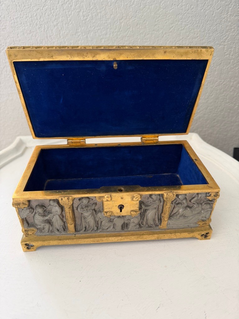 German Gothic Revival Silvered & Gilt Bronze Casket – Medieval Figural Relief –