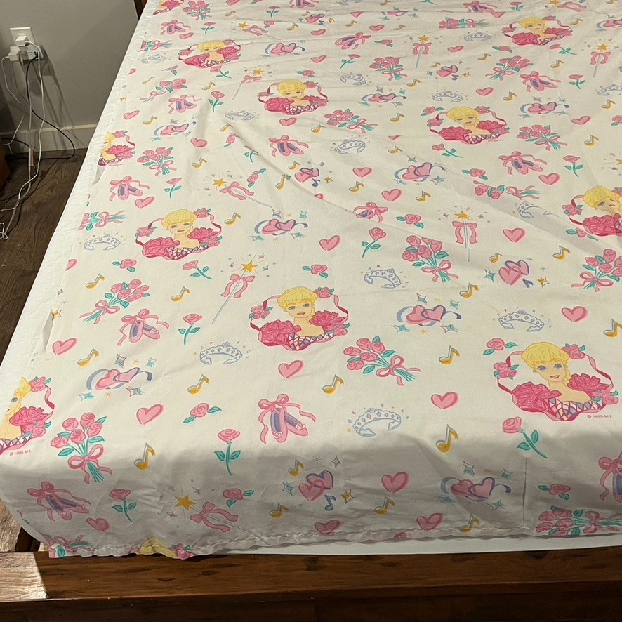 Barbie Flat Bed Sheet VTG 1995 Dan River Pink White Ballerina Twin Size 90x66"