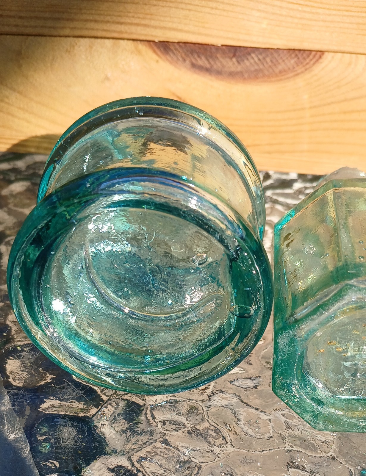 Green 19th C. Inkwell Lot of 3, Bubbles Ruff Tops