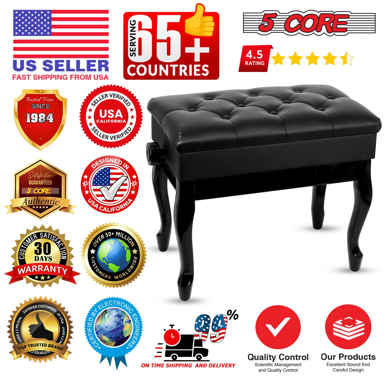 5 Core Piano Bench 3" Padded Cushioned Stool Wooden Heavy Duty Musician Chair
