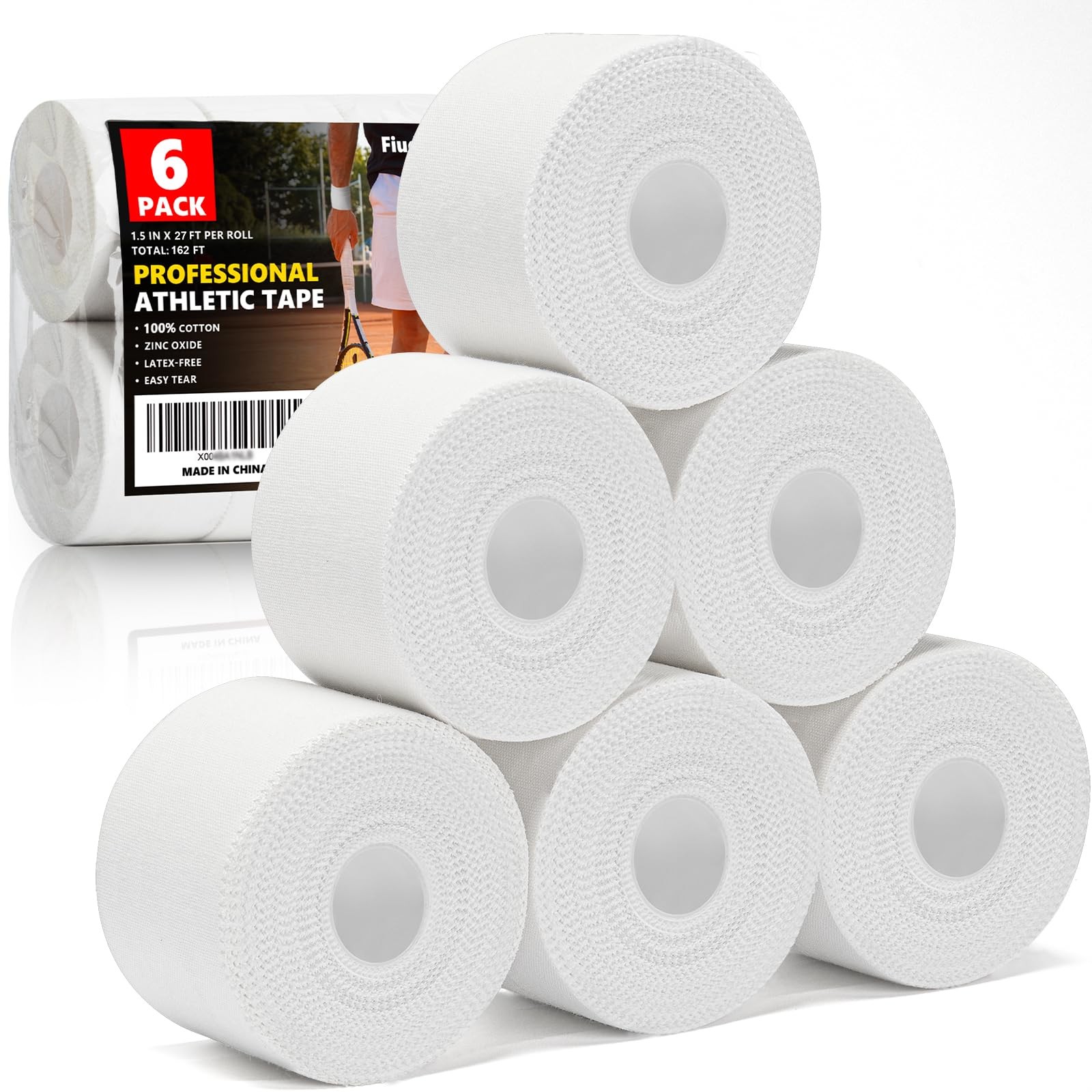 Professional 6 Pack White Athletic Sports Tape-1.5Inch×27 Feet Per Roll,162 Feet
