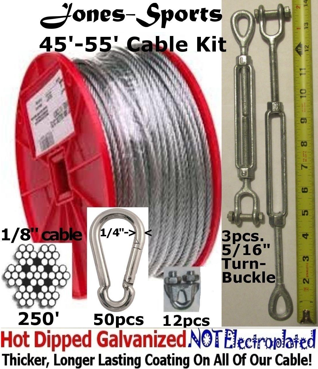Jones-Sports Batting Cage Cable Suspension Kits Indoor and Outdoor 45' to 75'