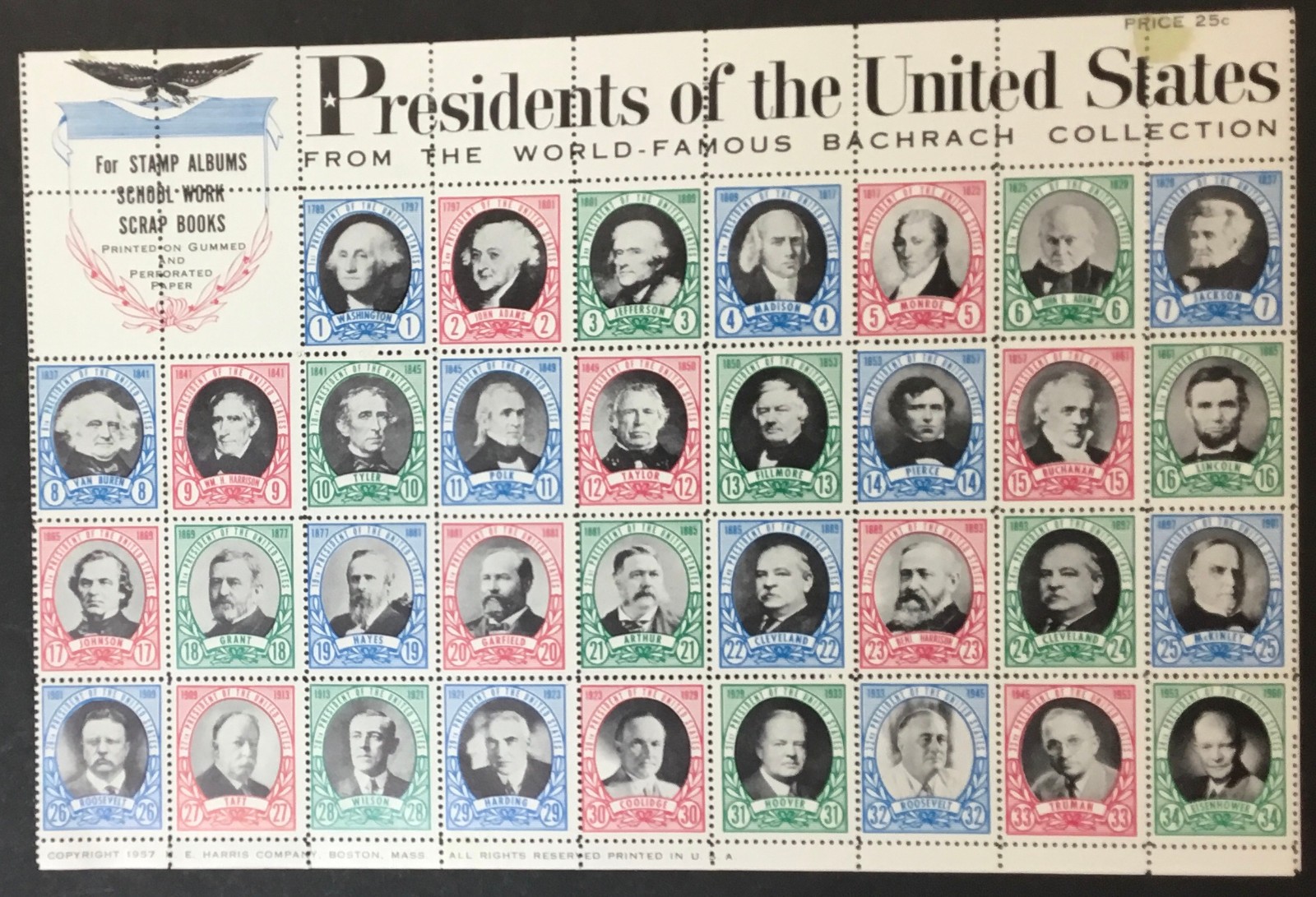 1957 PRESIDENTS of the UNITED STATES SHEET ending with EISENHOWER H.E. Harris Co