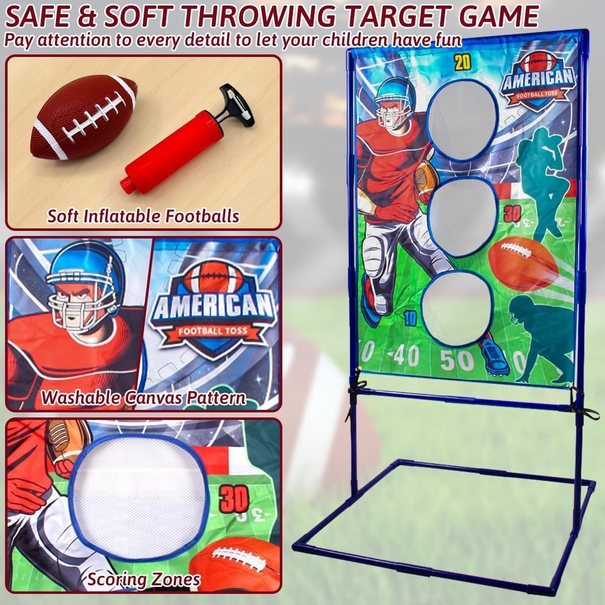 Football Toss Game with 4 Inflatable Balls, Football Throwing Target Games for B
