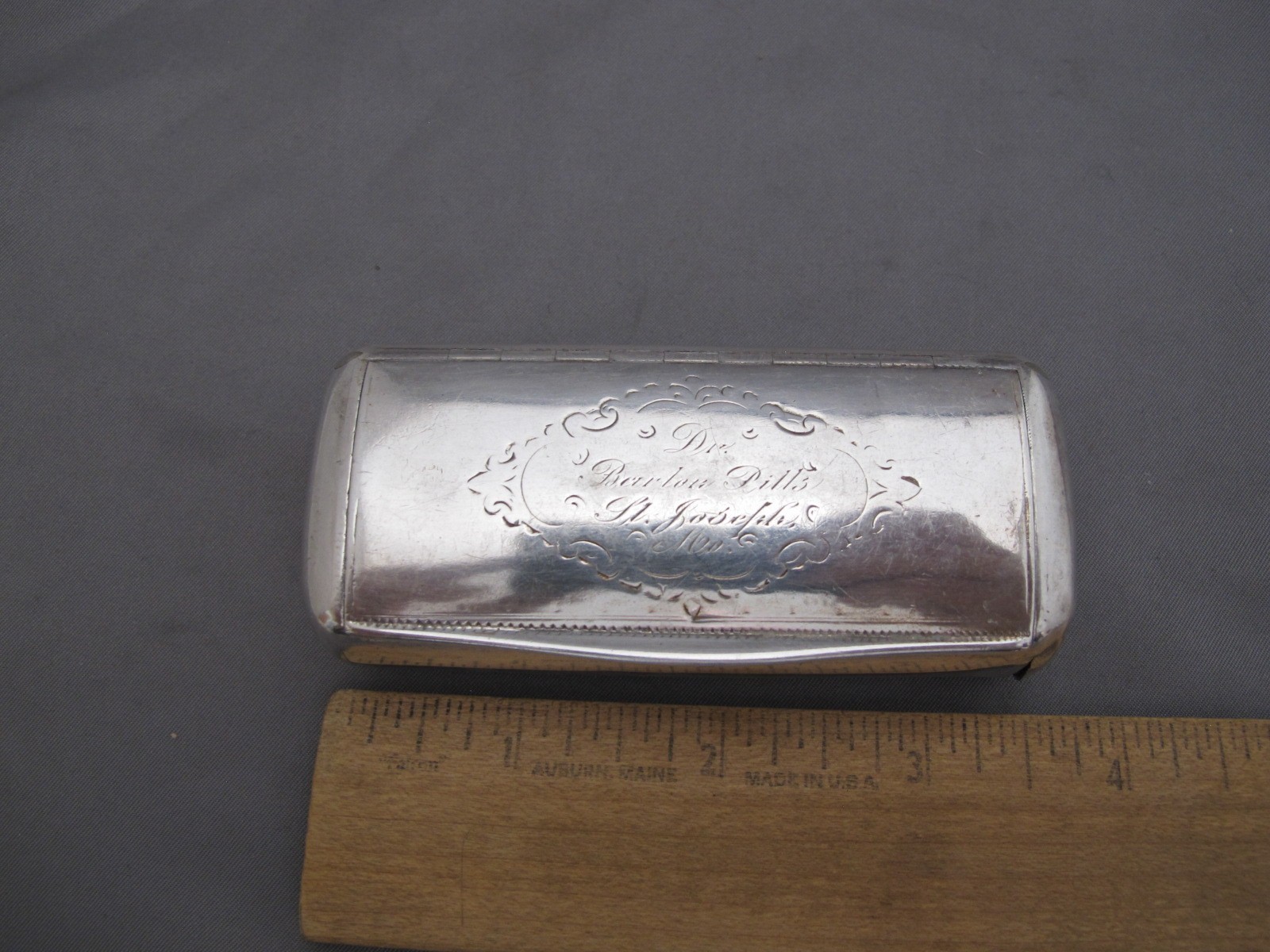 19th C AUSTRIAN Silver SNUFF BOX w/MISSOURI ENGRAVING-Dr Barlow Pills ST JOSEPH