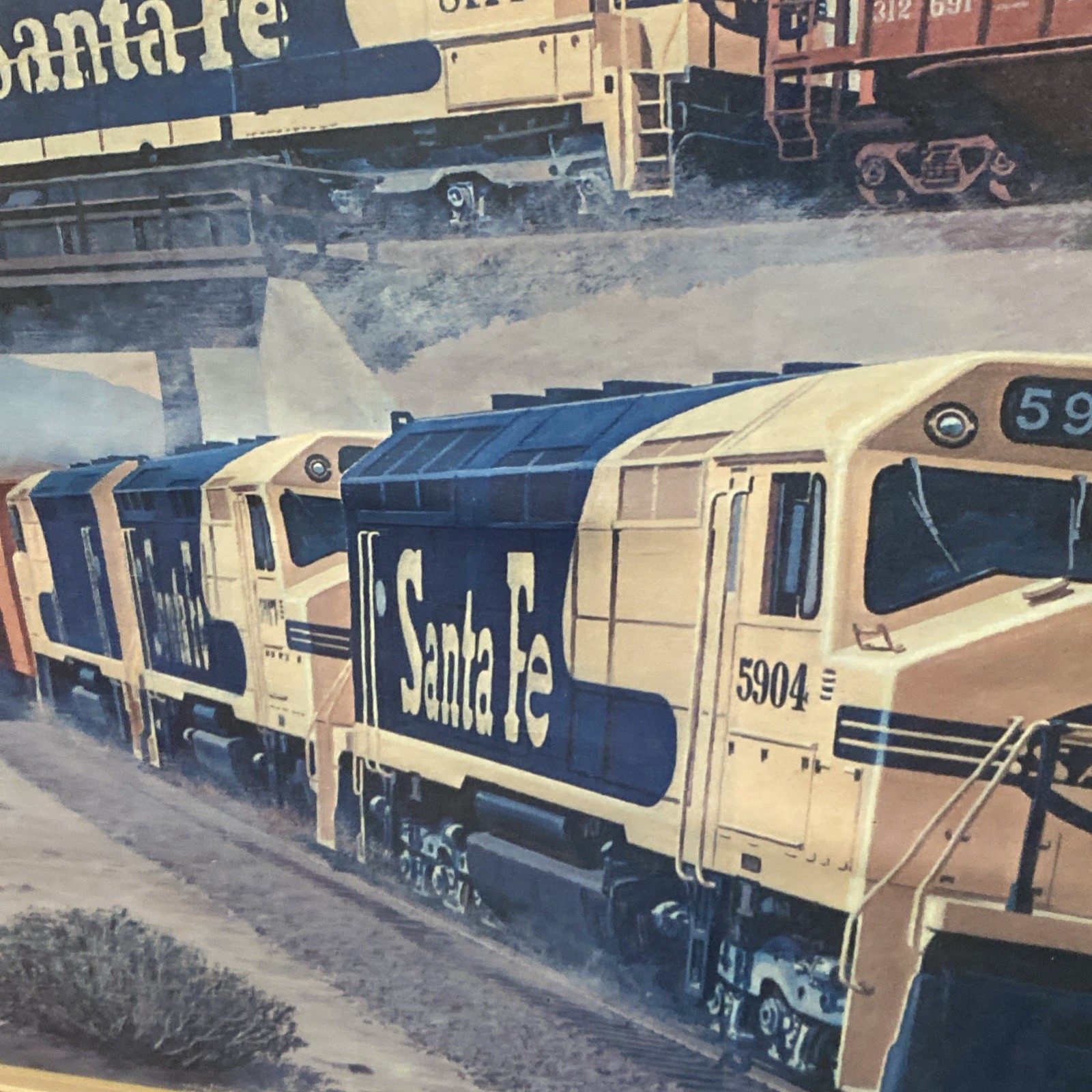 VINTAGE SANTA FE TRAINS ADVERTISEMENT LARGE FRAMED PRINT FOGG 41”x31”
