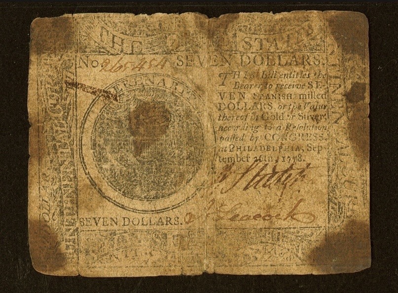 1778 American Revolution $7 Continental Currency, Colonial Banknote CC-80, PCGS