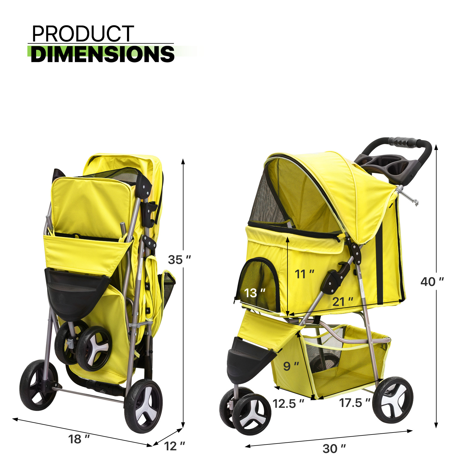 Yellow Foldable Dog Stroller Portable Pet Cat Carrier Cart w/Adjustable Sunshade
