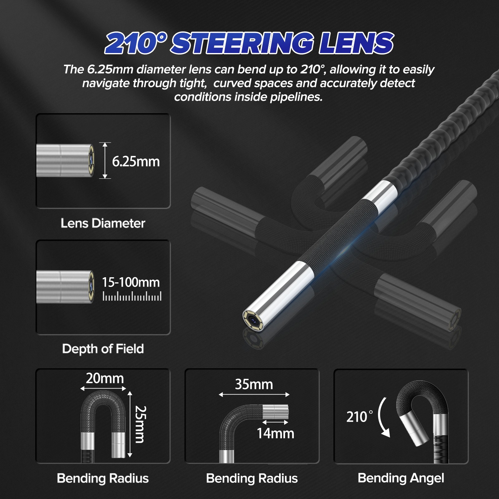 Industrial Camera 2 way 210° Borescope Endoscope with Lights Inspection Camera