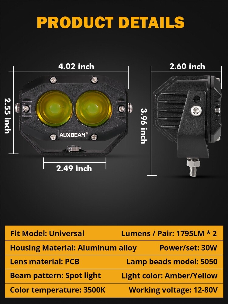 AUXBEAM 4" LED Pods Light Bar Amber Yellow Fog Lamp Offroad Driving Truck ATV