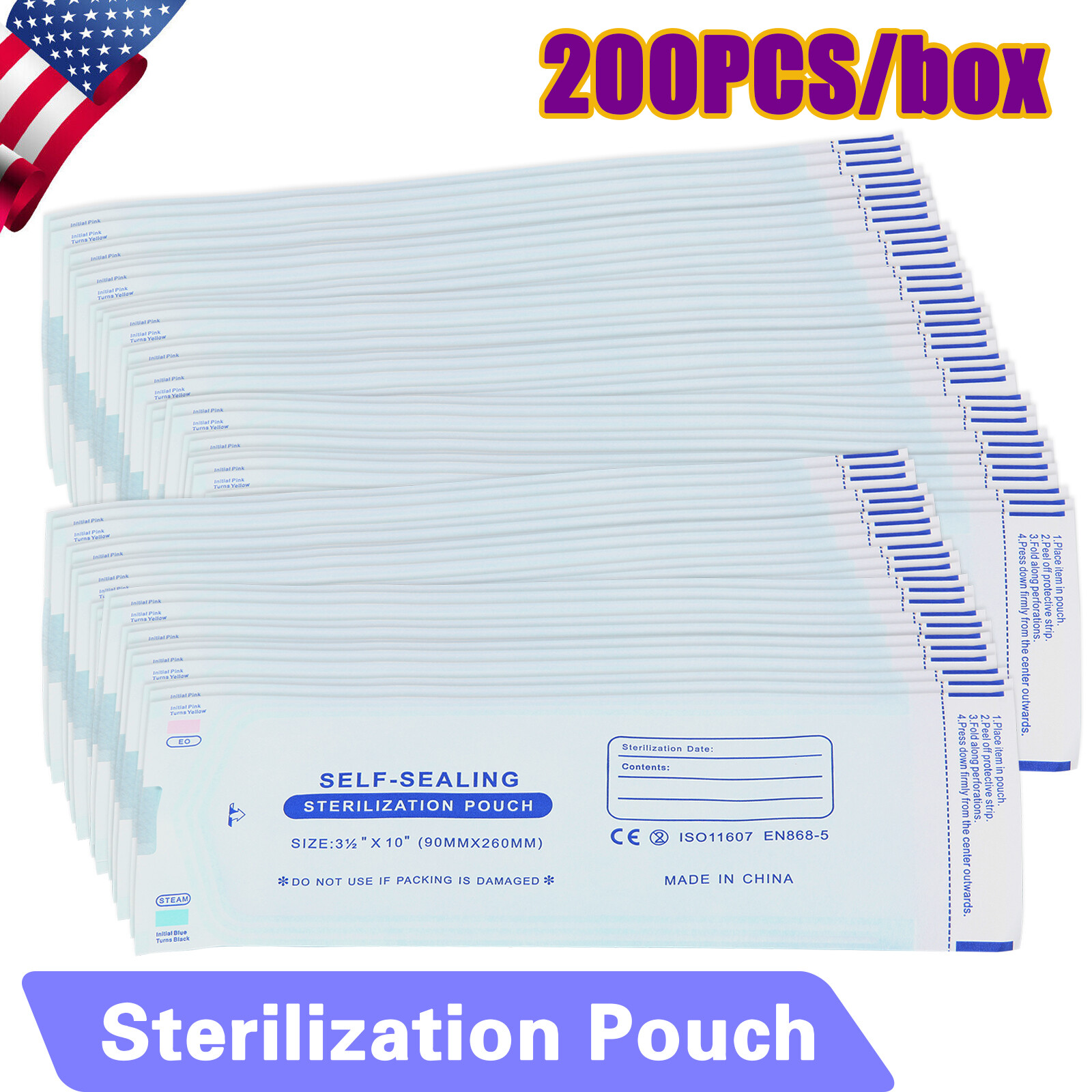 200 pcs 3.5" x 10" Self-Sealing Sterilization Pouches Sterilizer Bags Autoclave