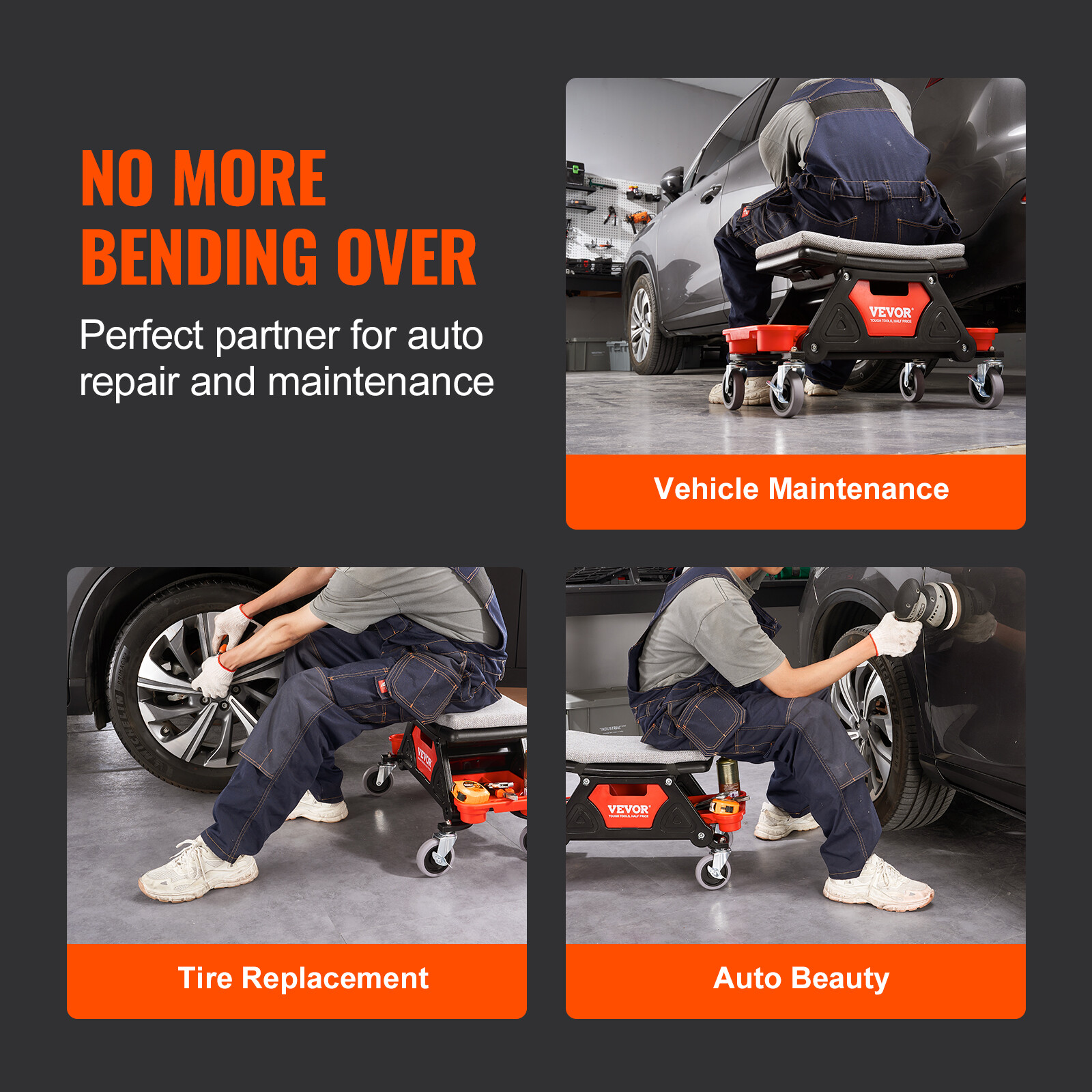 300lb Rolling Shop Stool w/ Tool Storage Mechanic Garage Stool Detailing Creeper