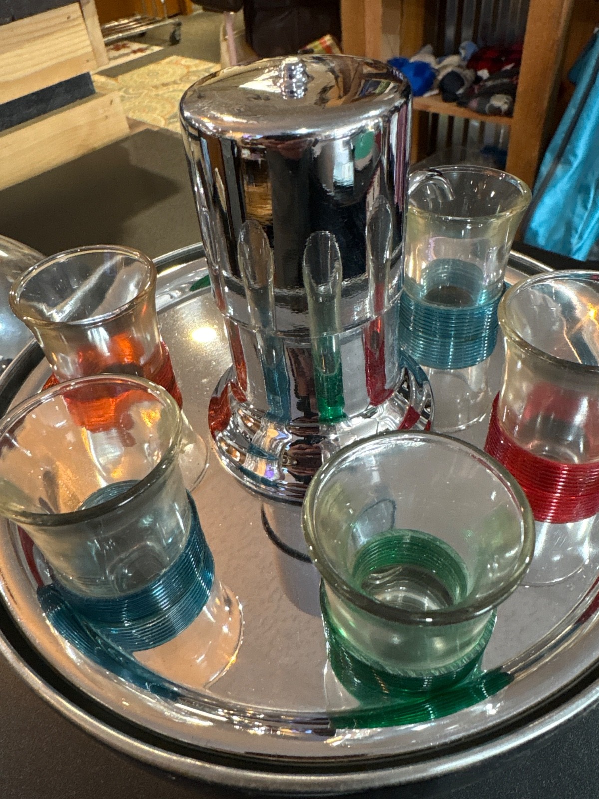 1950s Round Chrome Lidded Mini Tabletop Bar With Metal Sculpture Atop