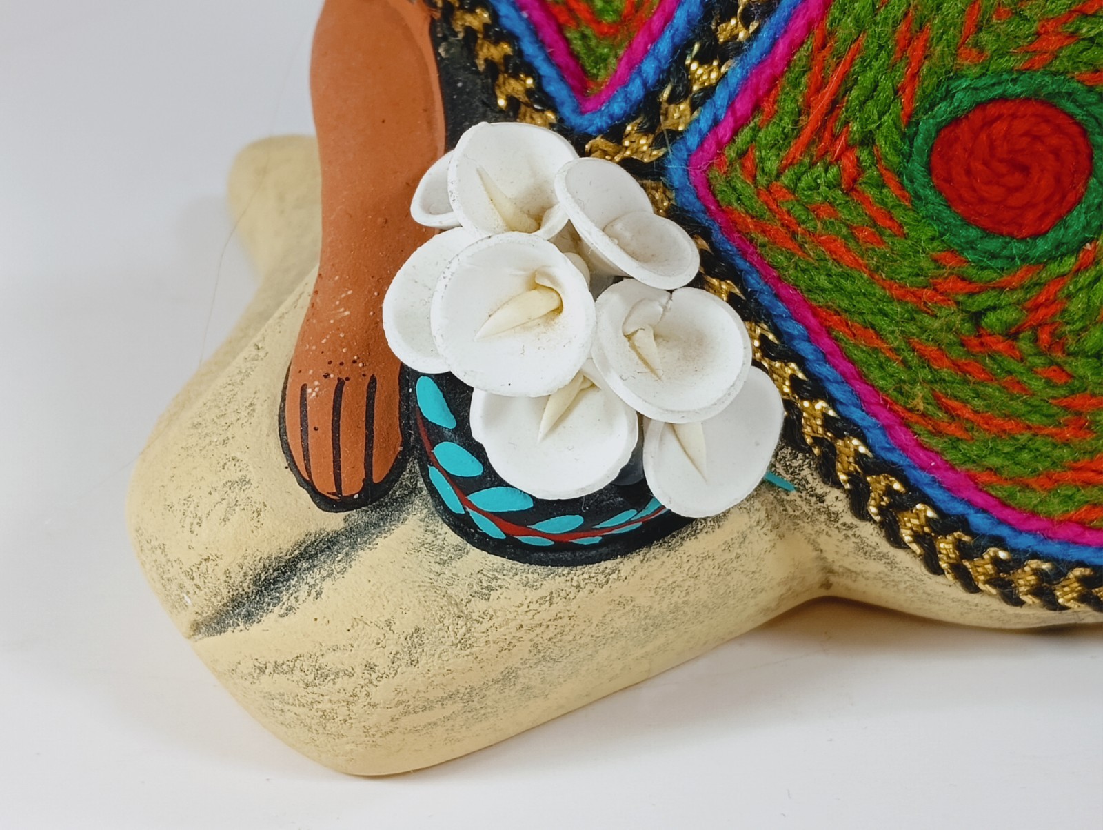 Clay Folk Art Honduran Lady Sitting with Flowers.