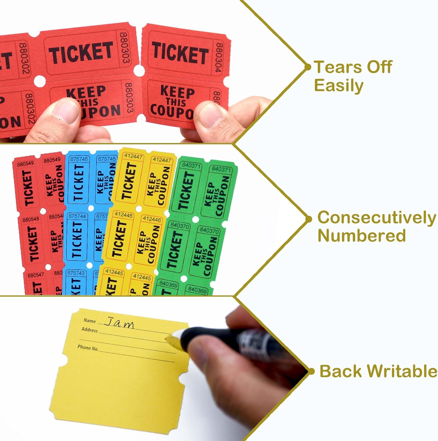 2000 Pcs 1000 Pairs Raffle Tickets, 50/50 Double Raffle Tickets, 250 Double Tick