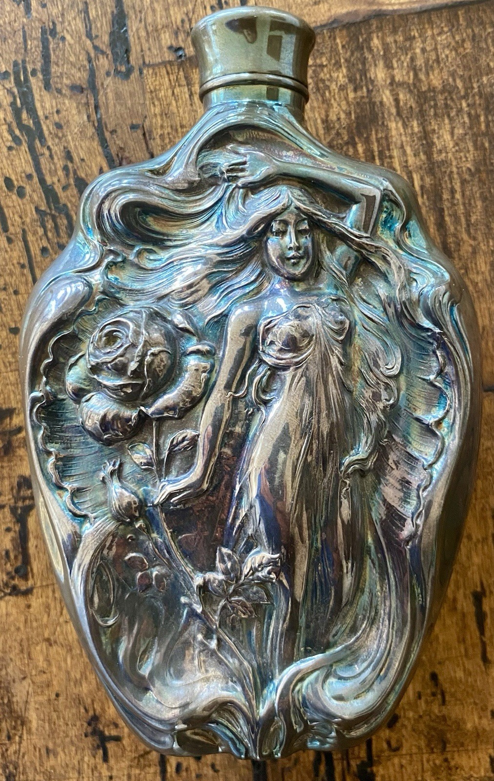 Art Nouveau Spirit Flask Victor Silver Co Nymph Relief Iridescent Barware Superb