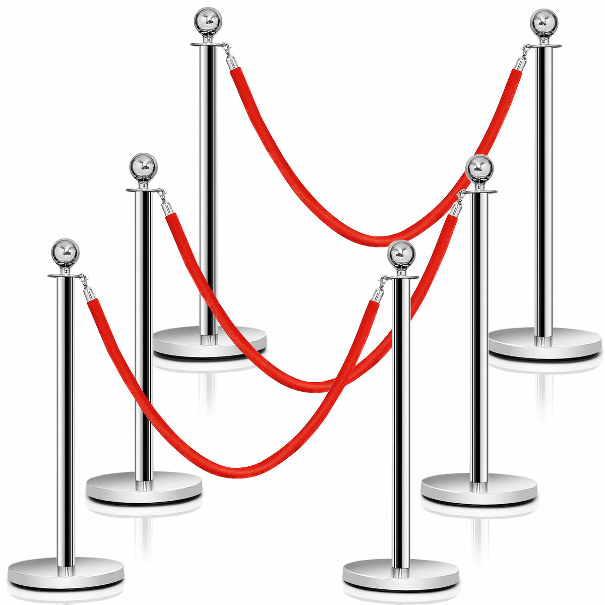 6Pcs Stanchion Posts Queue Pole Retractable 3 Velvet Ropes Crowd Control Barrier