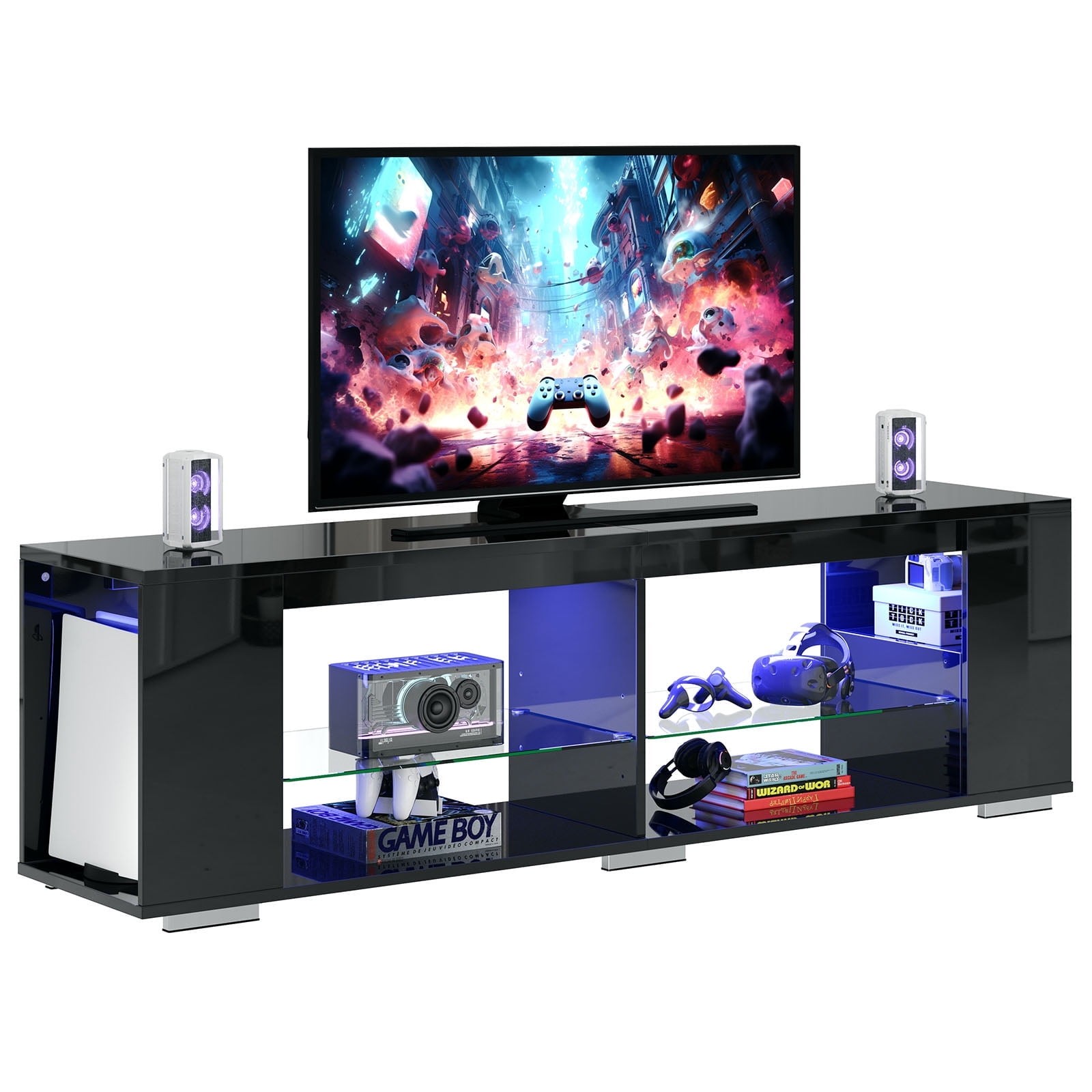 LED TV Stand for TVs up to 80" Gaming Entertainment Center w/ Shelves Black