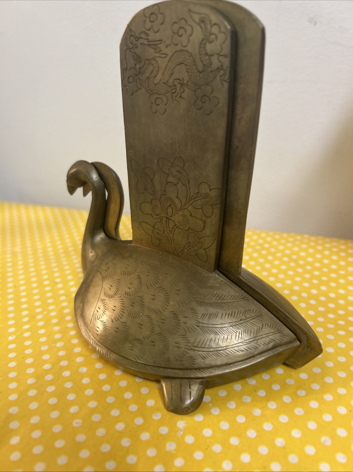 Pair Of Vintage Brass Swan Bookends Chinese Dragon Lotus Flower Carvings Heavy