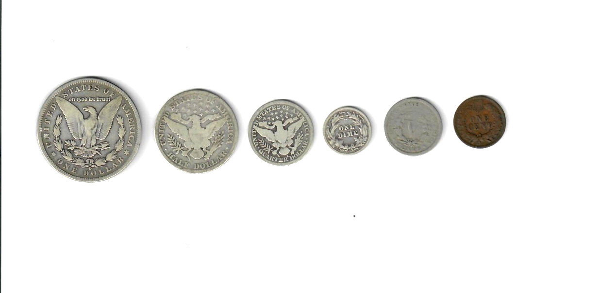 1900 Complete set 6 coins Silver Morgan Dollar, Barber Half Quarter Nickel Cent