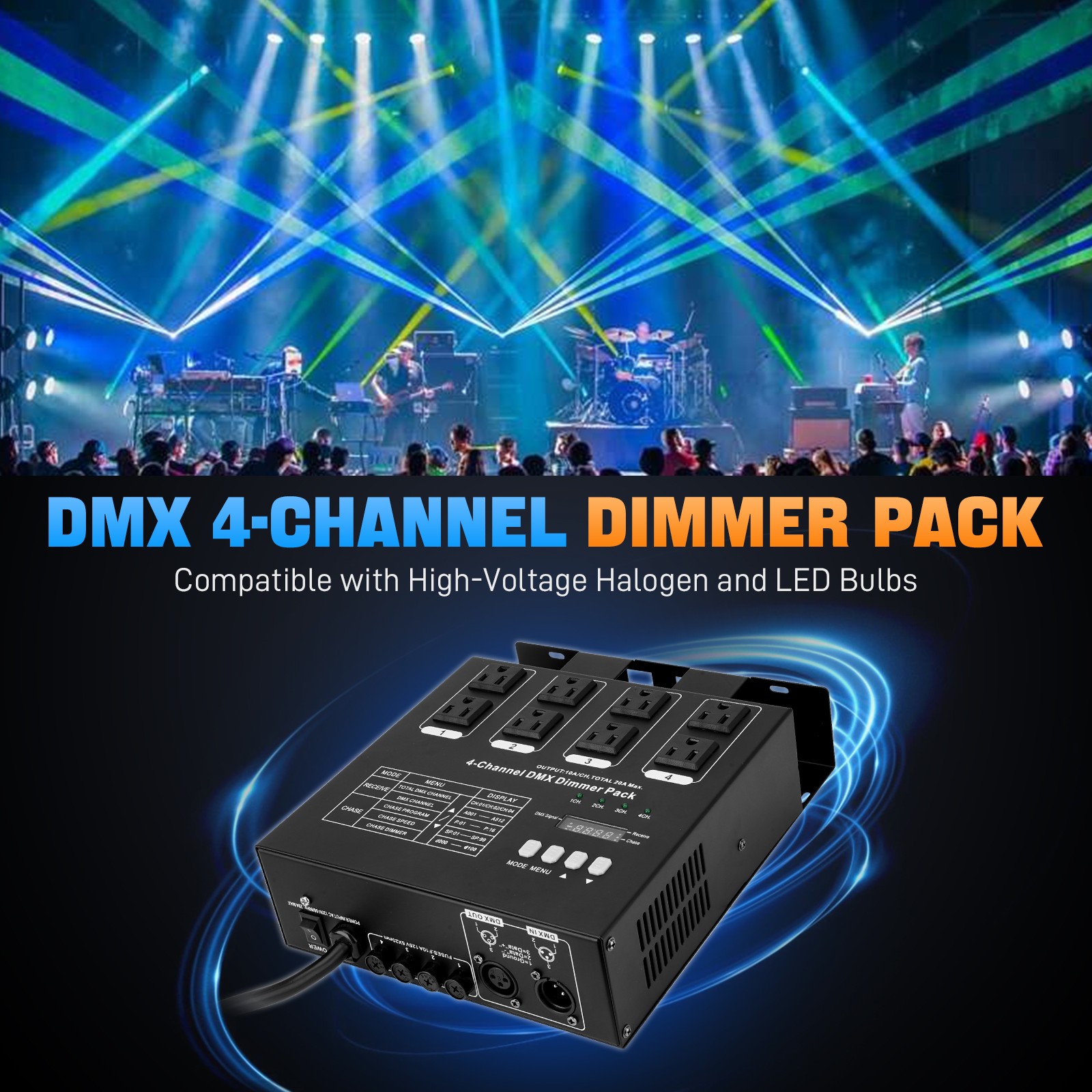 DMX 4-Channel Dimmer Pack w/DMX512 Protocol For High-Voltage Halogen LED Bulb
