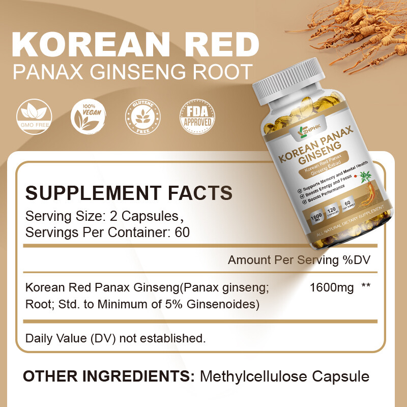 Korean Red Panax Ginseng 120 Capsules - 1600mg Extra Strength NON-GMO No Fillers