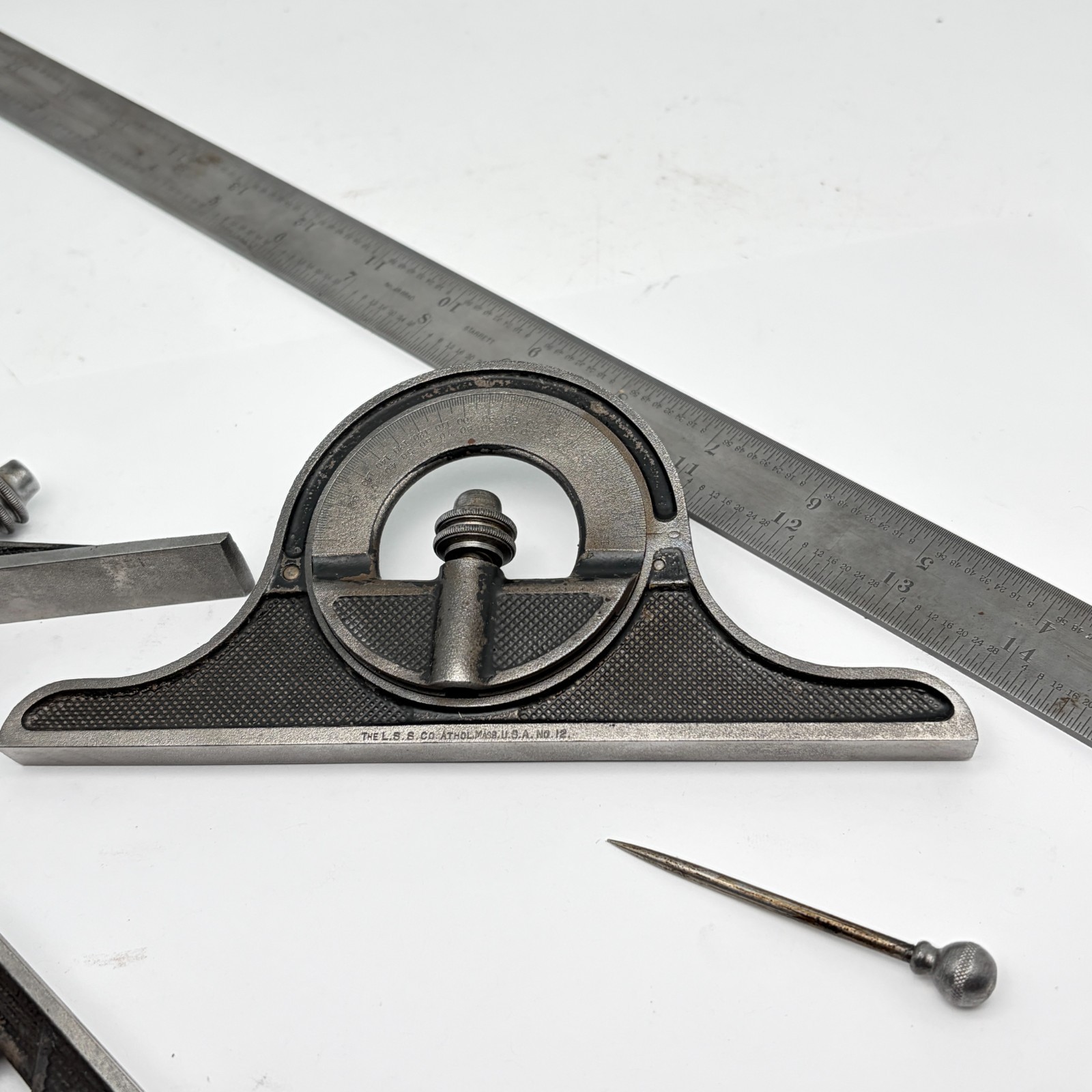 Preowned 18" L.S. STARRETT Comb. Square w/ Protractor Centerfinder - Machinists