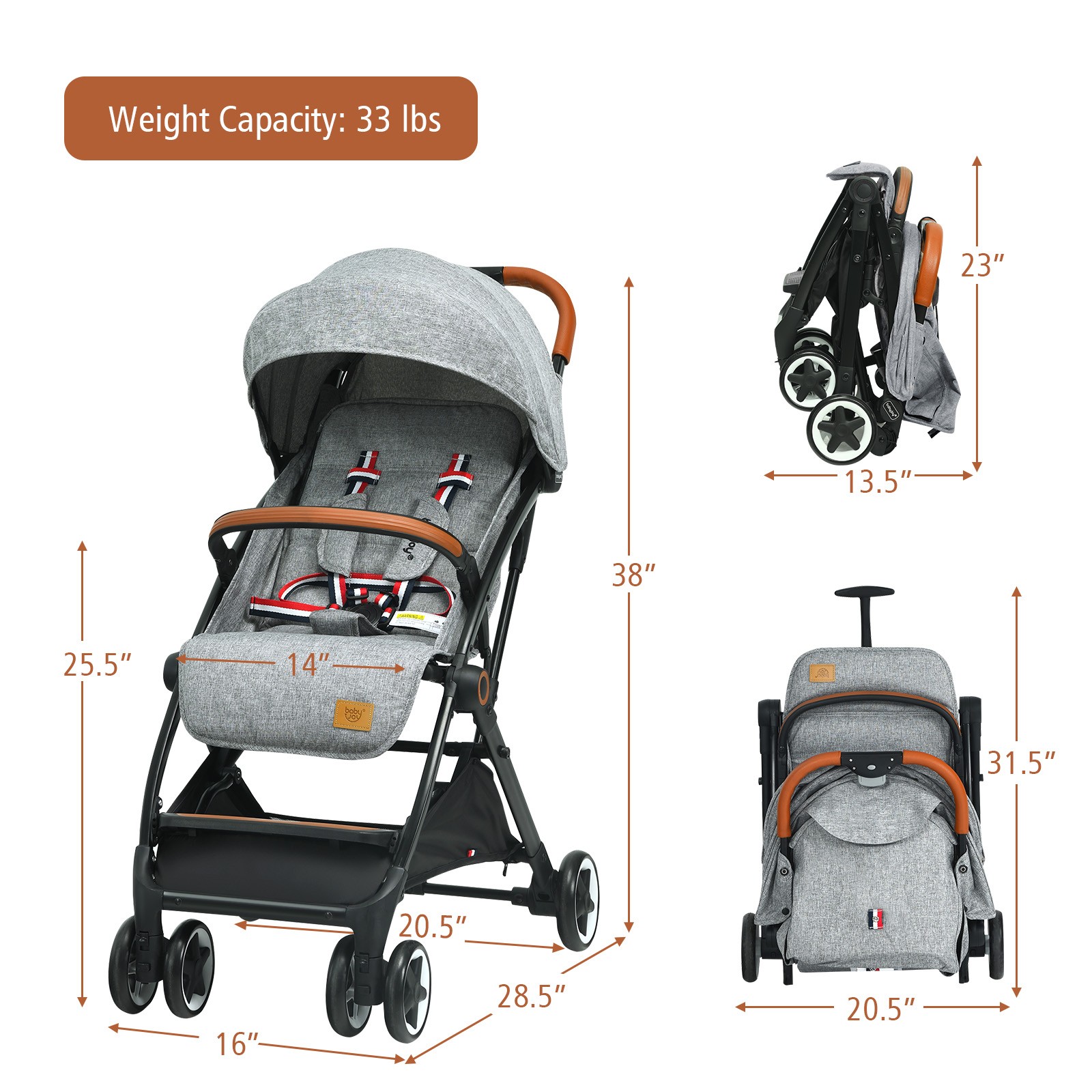Babyjoy Lightweight Baby Stroller Aluminium Frame w/ Net for Travel Gray
