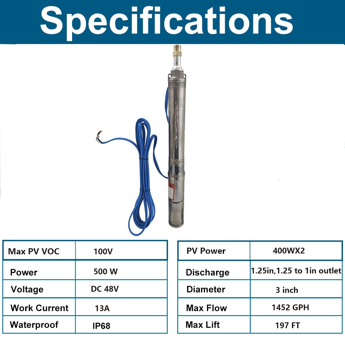 500W 3" DC 48V Solar Pump Submersible Pump Bore Deep Well Pump 33ft Copper Wire