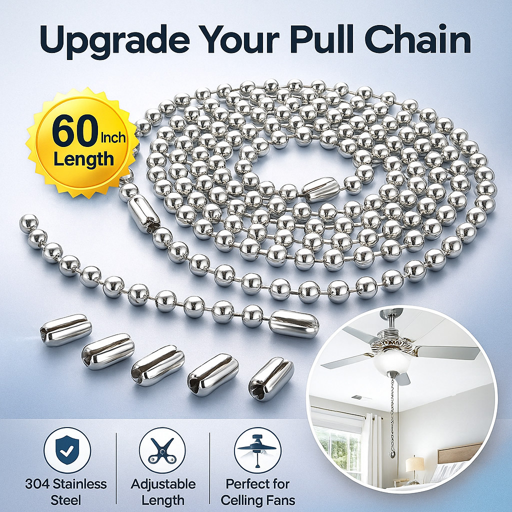 60 In Ceiling Fan Pull Chain Extension Silver 3mm Stainless Steel Ball Chain Set