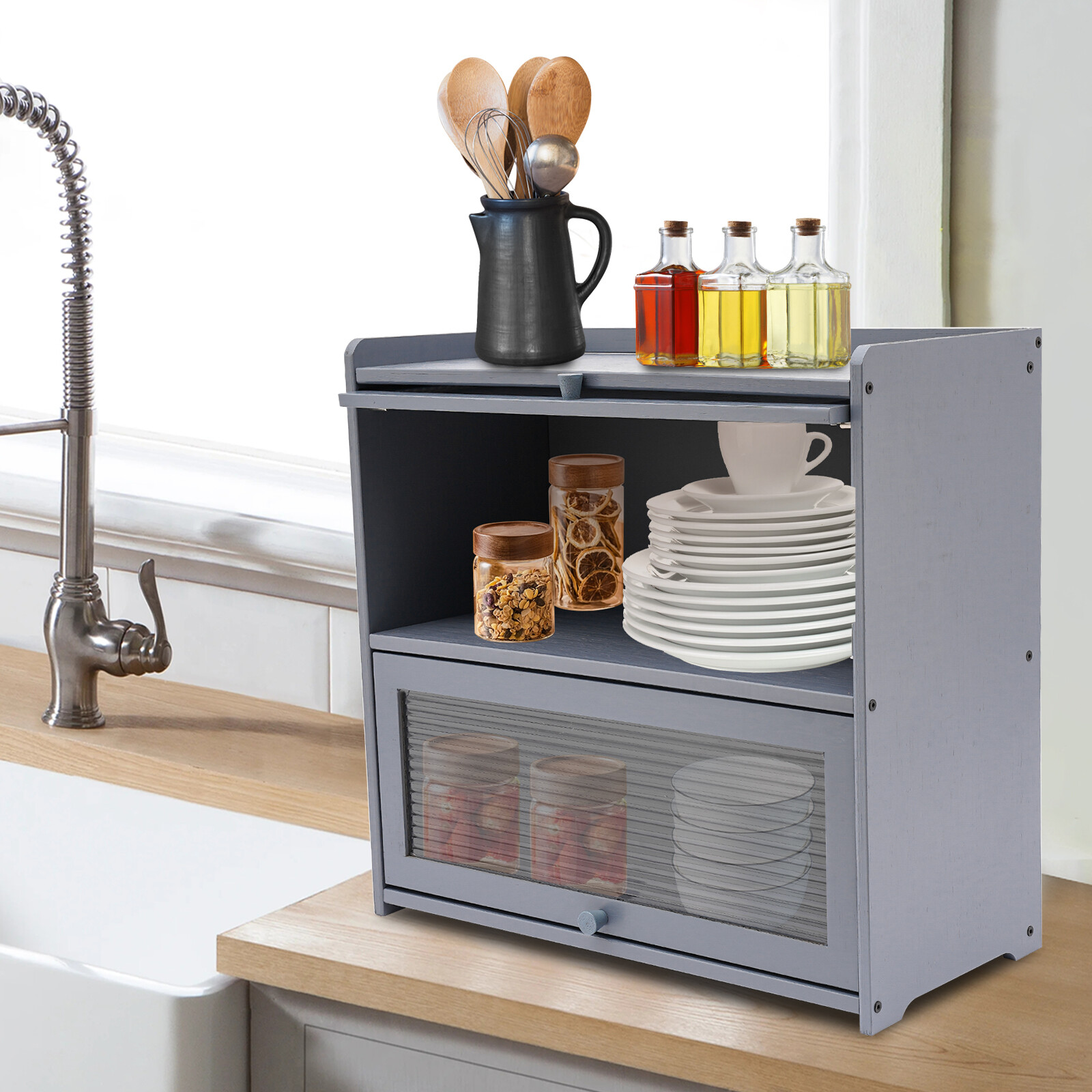 Modern Two-tier Storage Cabinet, Countertop Storage Cabinet, Gray Cabinet New