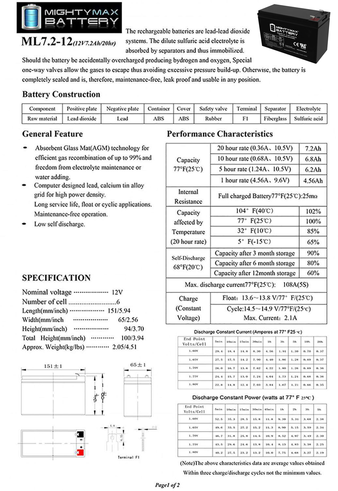 Mighty Max ML7-12 - 12 Volt 7.2 AH, F1 Terminal, Rechargeable SLA AGM Battery