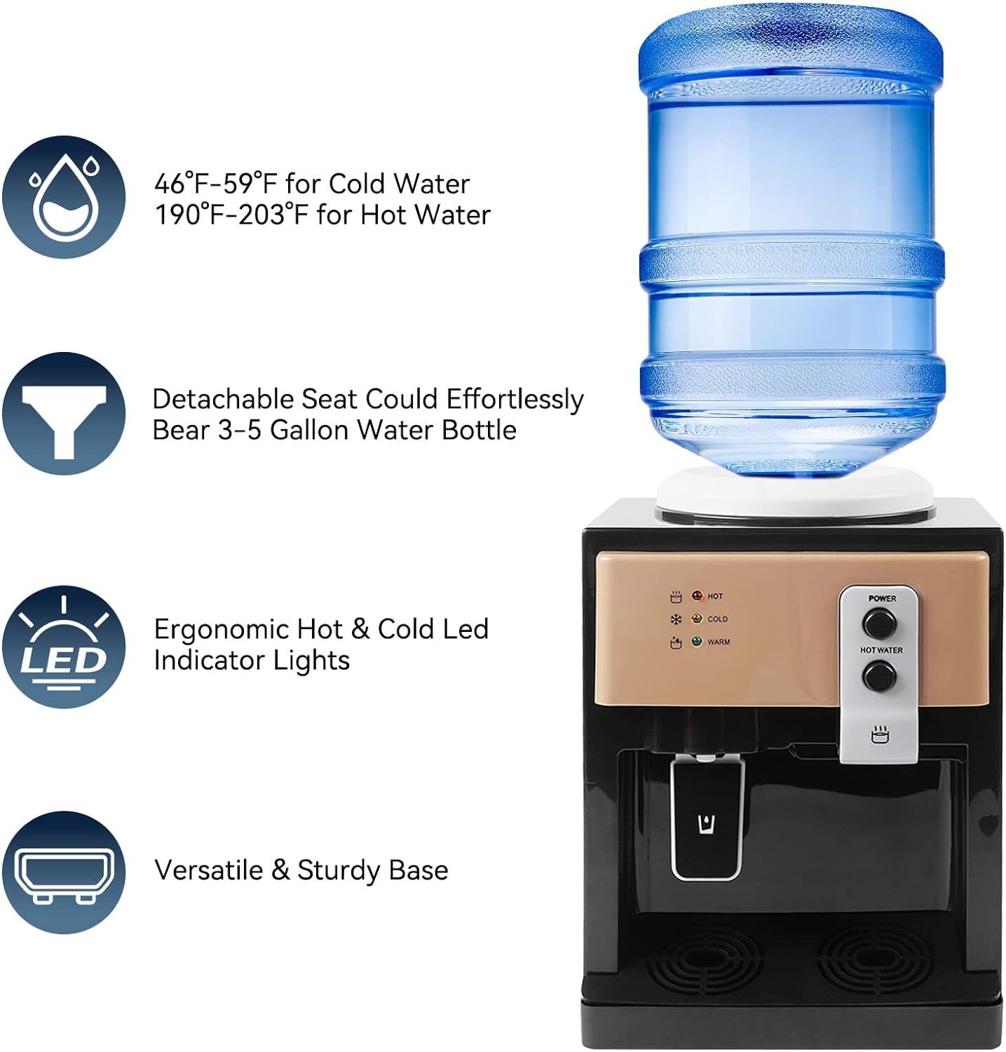 Electric Water Dispenser - 5 Gallon Cold & Hot Water Cooler, Compact Design