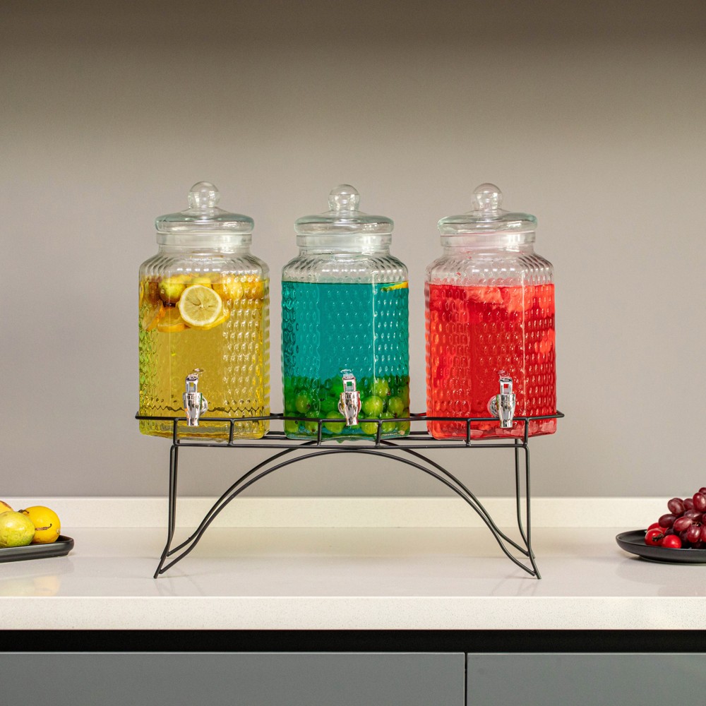 3-Piece Glass Drink Dispenser Set with Metal Stand & Stainless Steel Spigot