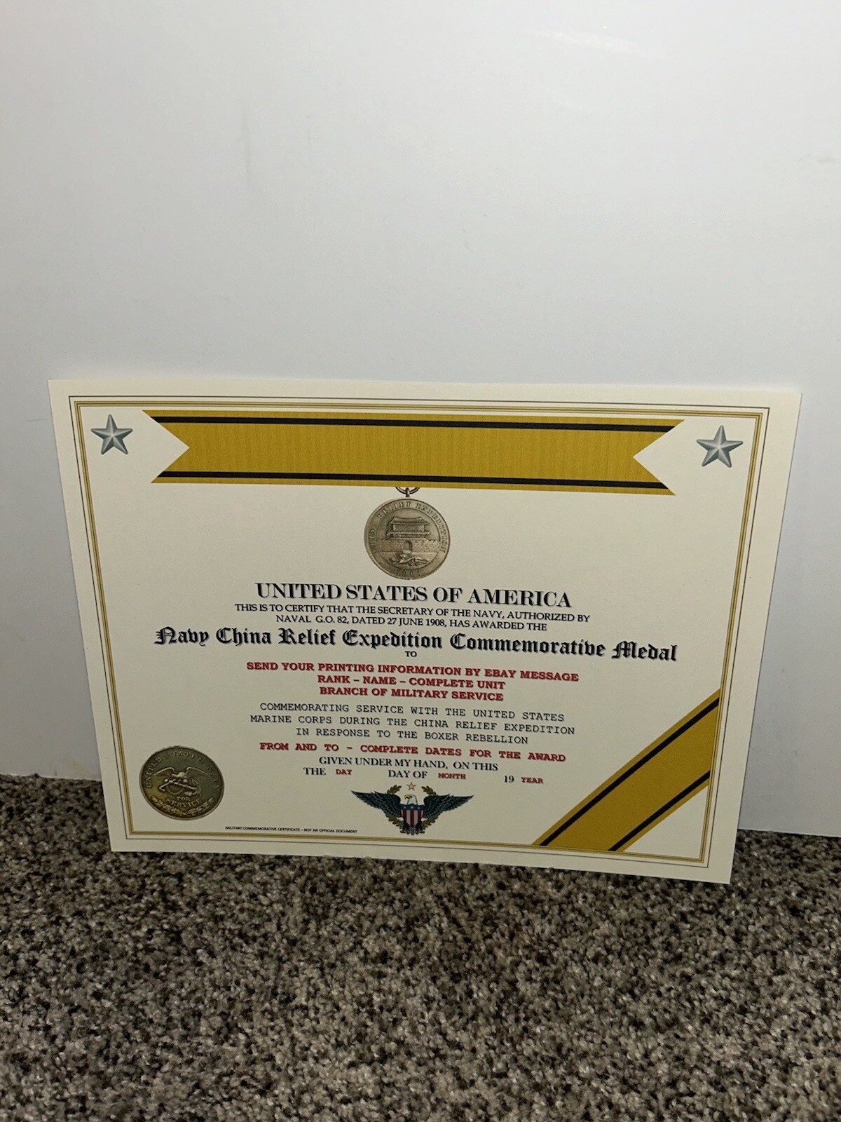 NAVY CHINA RELIEF EXPEDITION COMMEMORATIVE MEDAL CERTIFICATE ~ W/PRINTING TYPE-1
