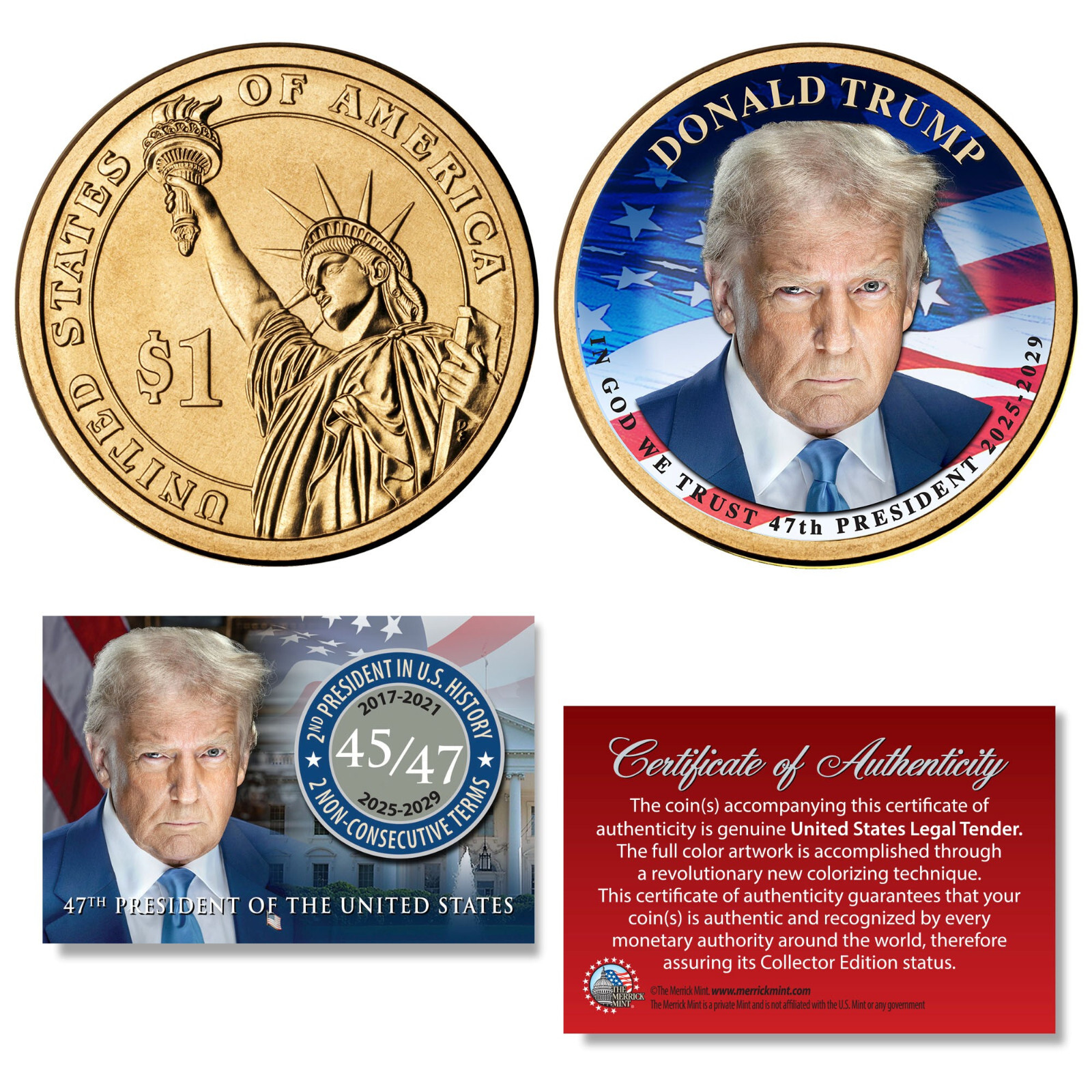 DONALD TRUMP 47th President USA 2025-2029 Presidential $1 Dollar Golden US Coin