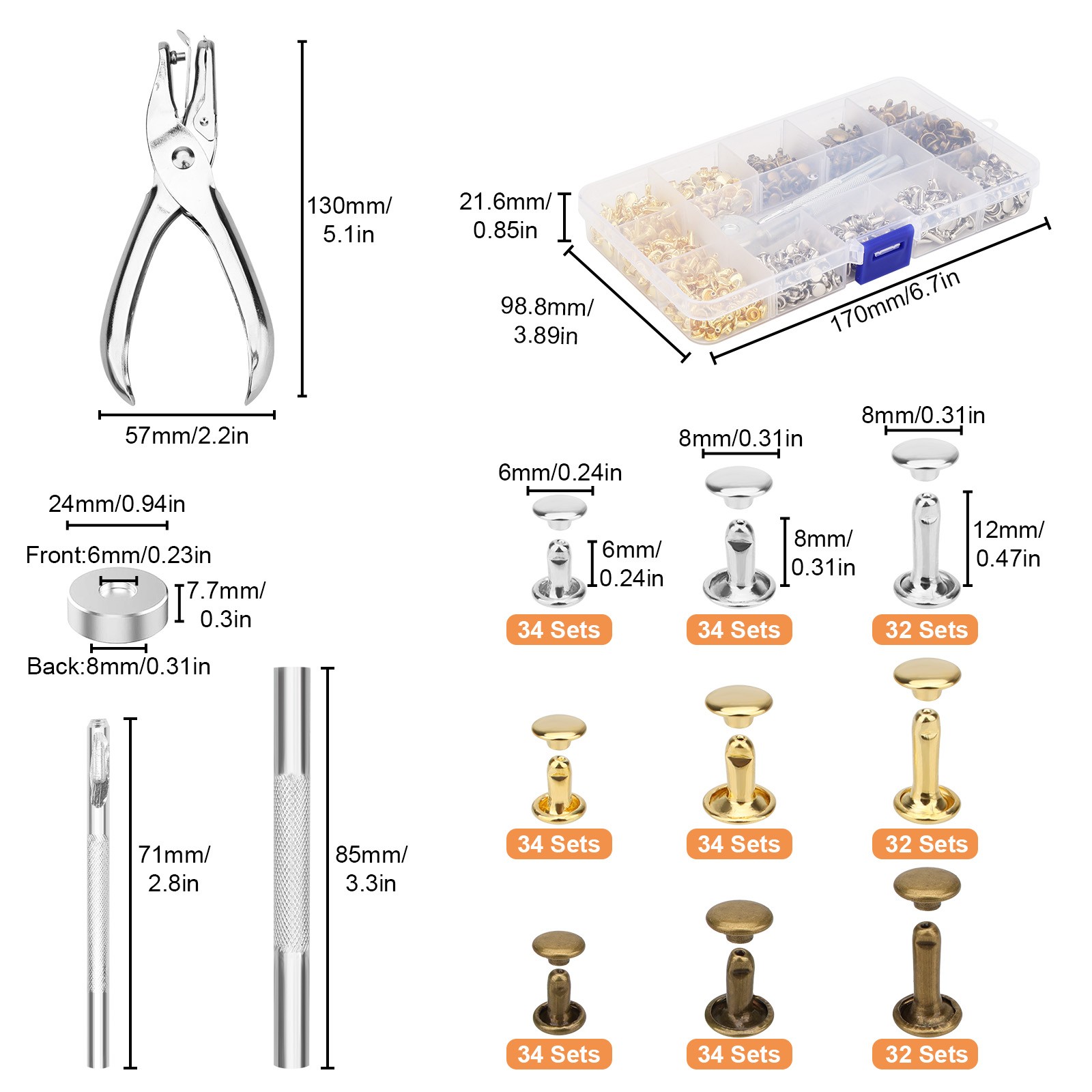 300PCS Leather Rivets Kit Double-Sided w/ Punch Tools for Bags Belts Clothes DIY