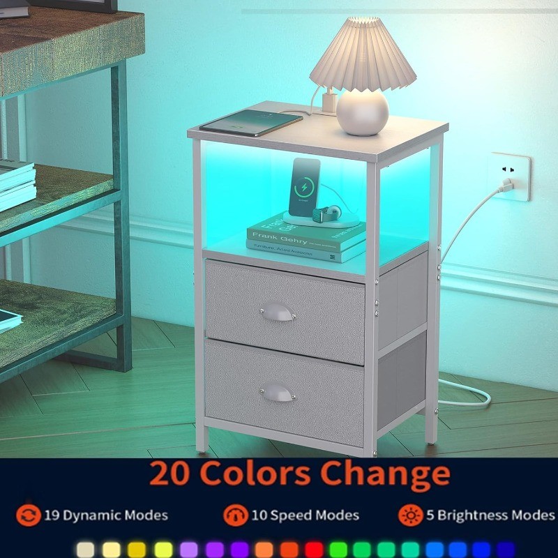 Nightstand with Charging Station, LED Night Stand Set 2, Bedside Table End Table