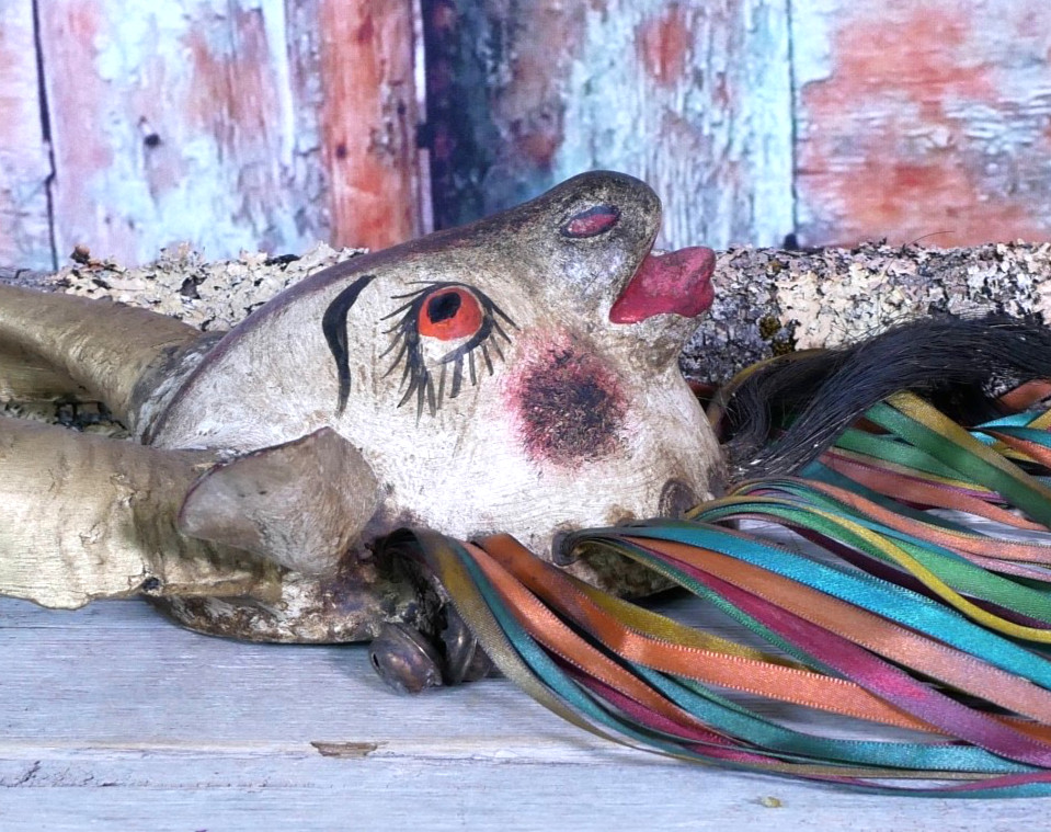 Coconut Goat Mask with Hair Beard Real Horns Handmade Guerrero Mexican Folk Art