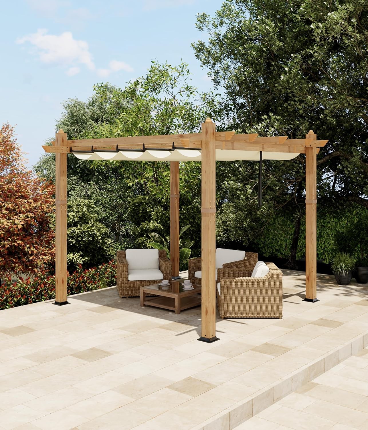10 x 10 ft Wood-Grain Aluminum Pergola, Outdoor Pergola with Retractable Canopy