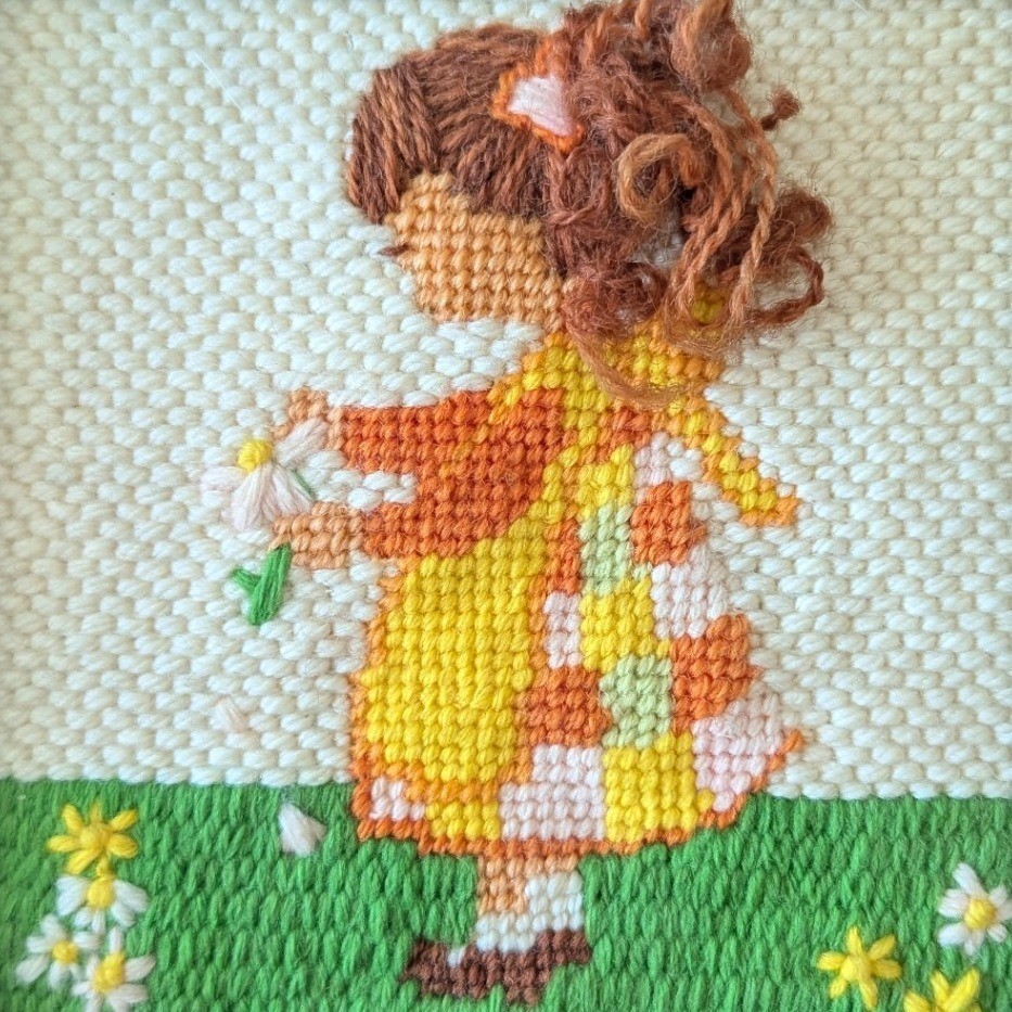 Vtg 70s Needlepoint Yarn Art Framed Set of 2 Little Girl Meadow Retro Nursey