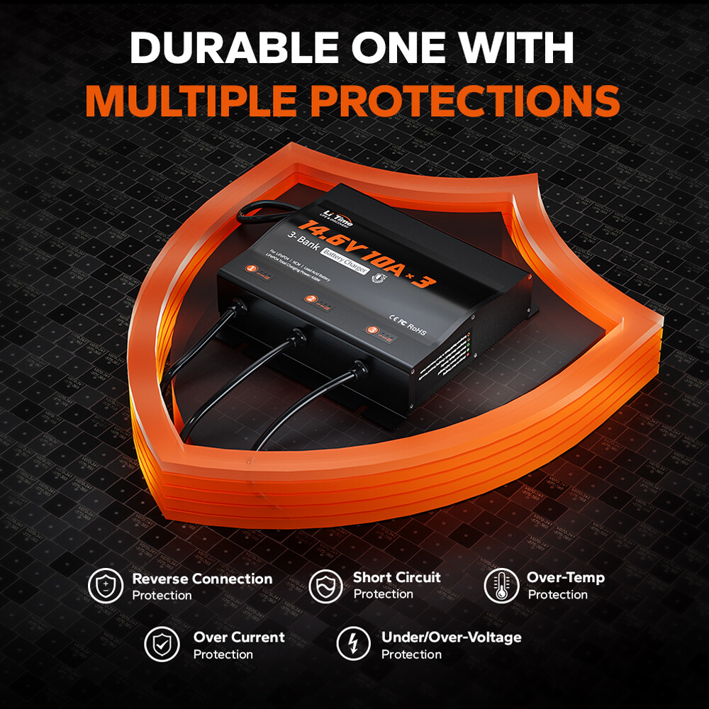 LiTime 14.6V 10A* 3 Bank Smart Charger IP65 for Marine LiFePO4 Lead Acid Battery