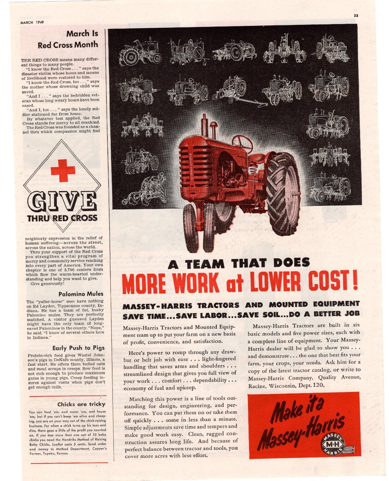 1949 Massey-Harris More Work At Lower Cost Tractor Single Page Print Ad