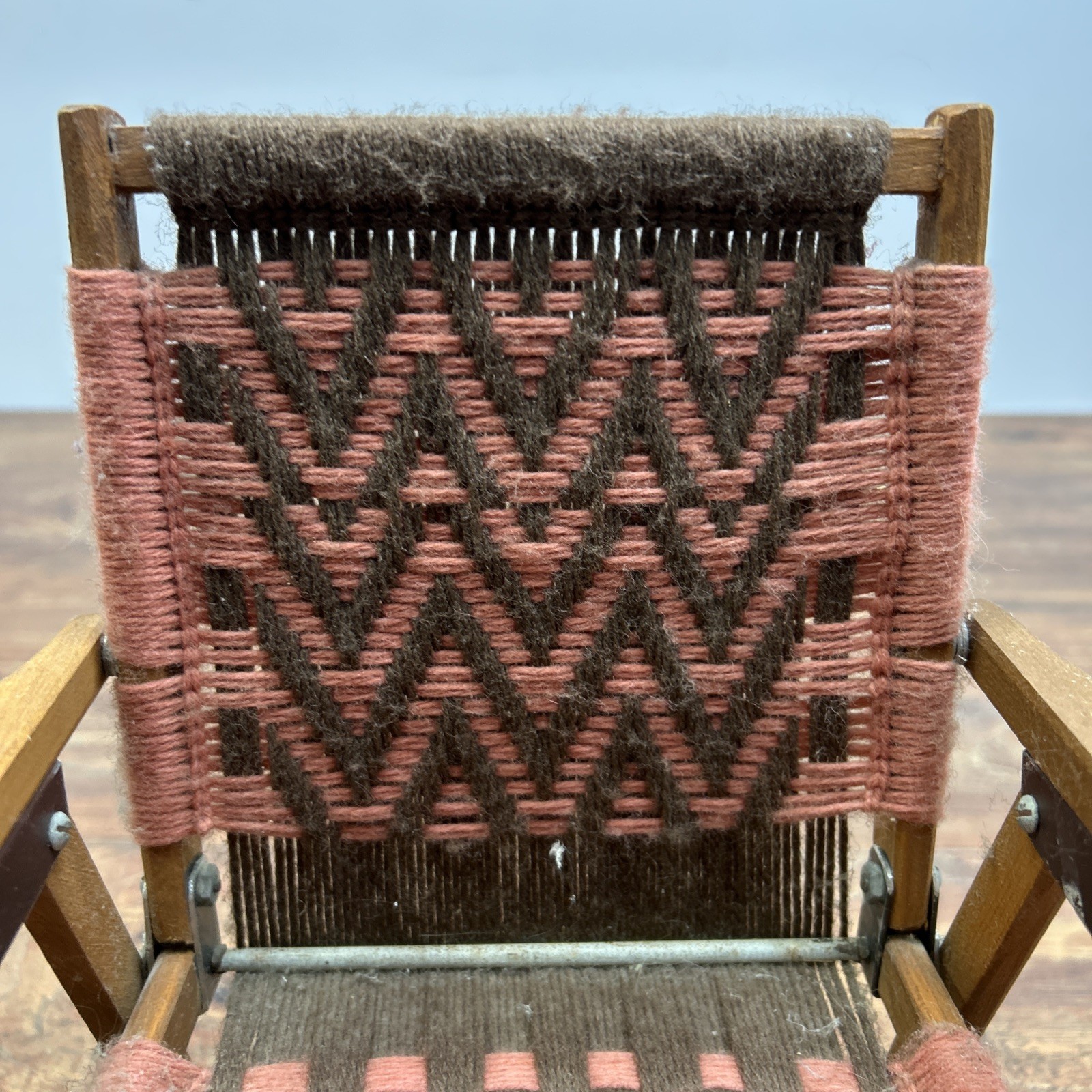 Macrame Wooden Folding Baby Doll Chair Vintage Handwoven Brown Pink ** DOLL SIZE