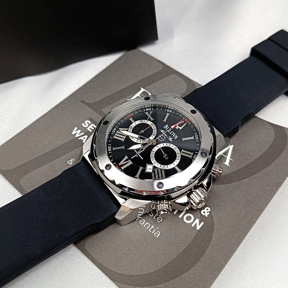 Bulova Marine Star 98B127 Chronograph Black Dial Rubber Strap Men's Quartz Watch