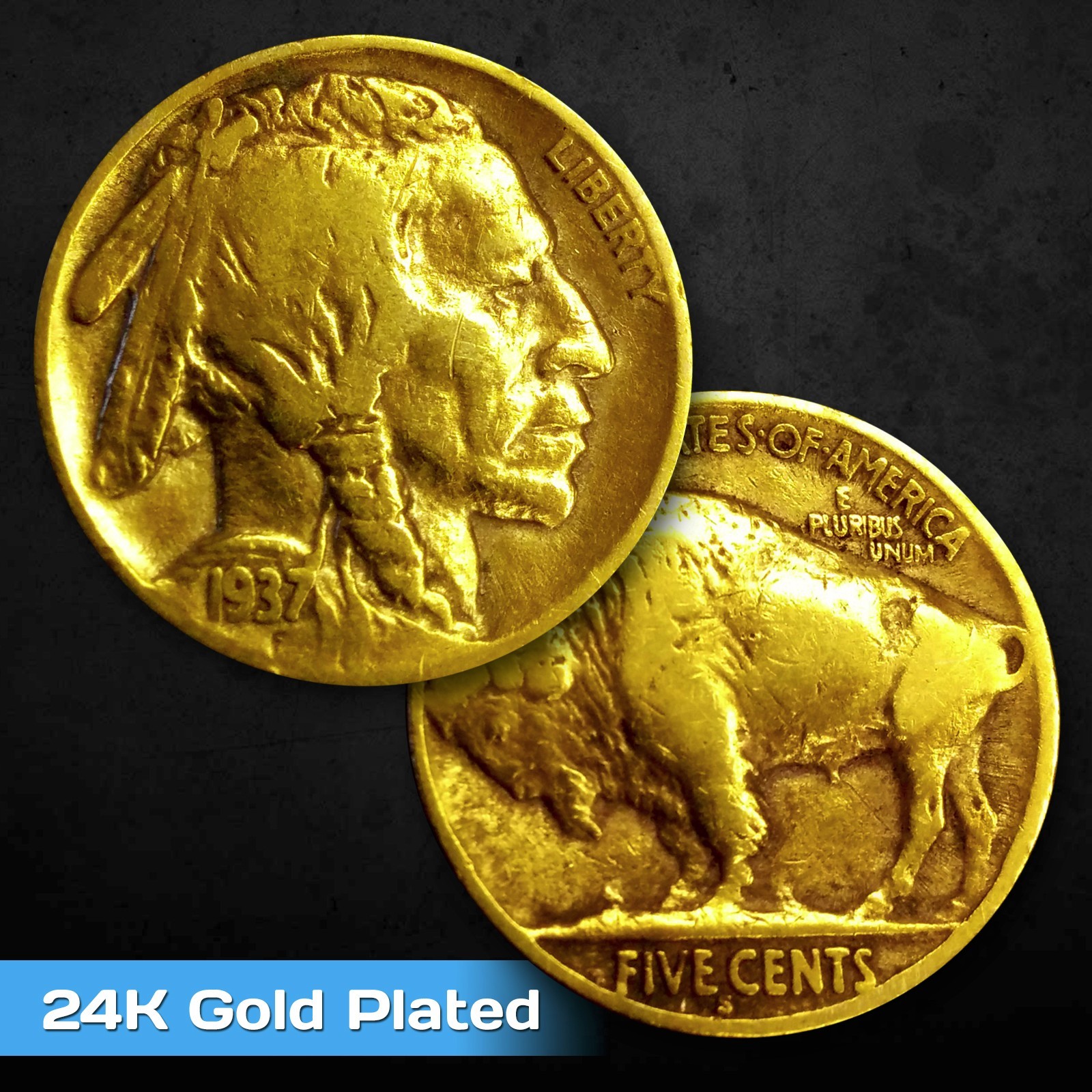 GOLD BUFFALO NICKEL - Pure 24K GOLD PLATED Buffalo Indian Head Nickel (2-PACK)