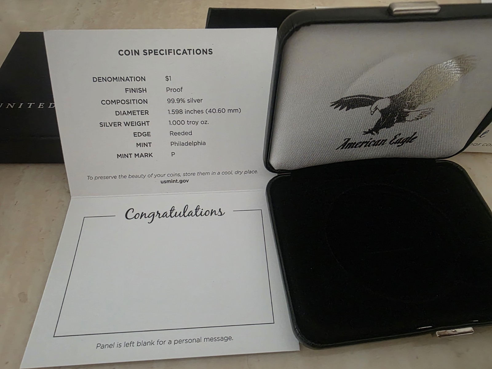 2026 P Silver Eagle Proof 1 oz Congratulations Set Box COA $1 Empty Box No Coin
