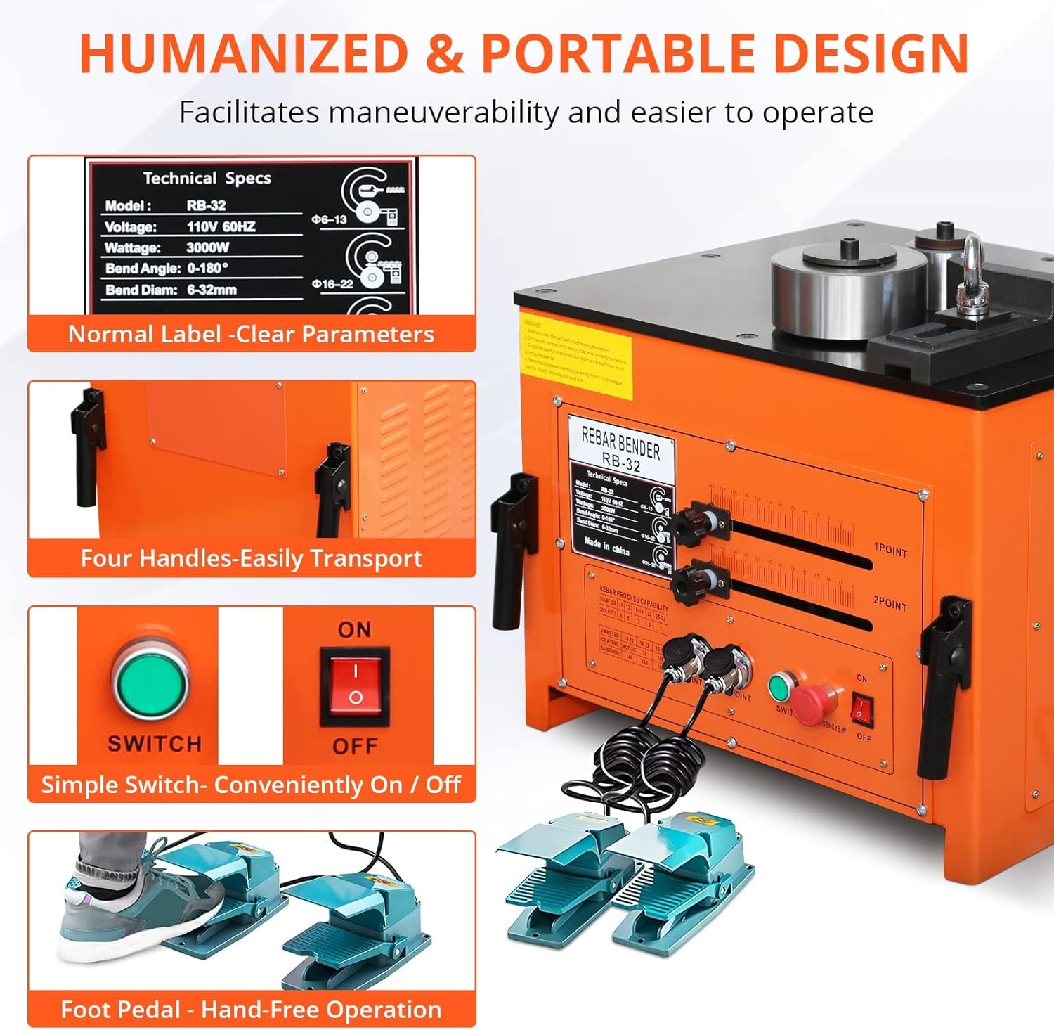 1-1/4" 32mm Construction #10 Rebar Bending Bender Machine W/ 2 Foot Pedals